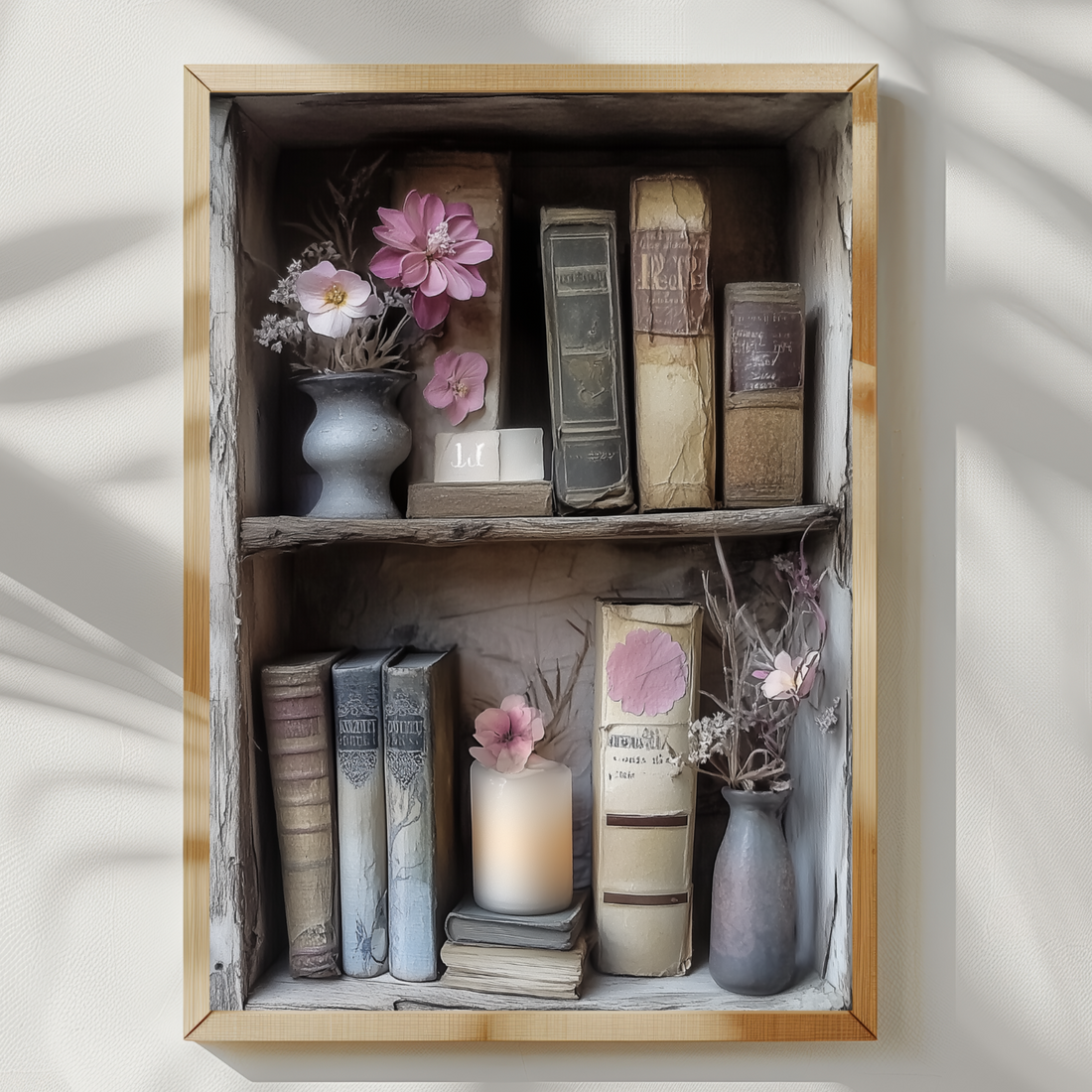 Vintage Junk Journal Wall Art Rustic Bookshelves Candles Flowers Ephemera Cozy. High Resolution Digital Download 300 DPI.