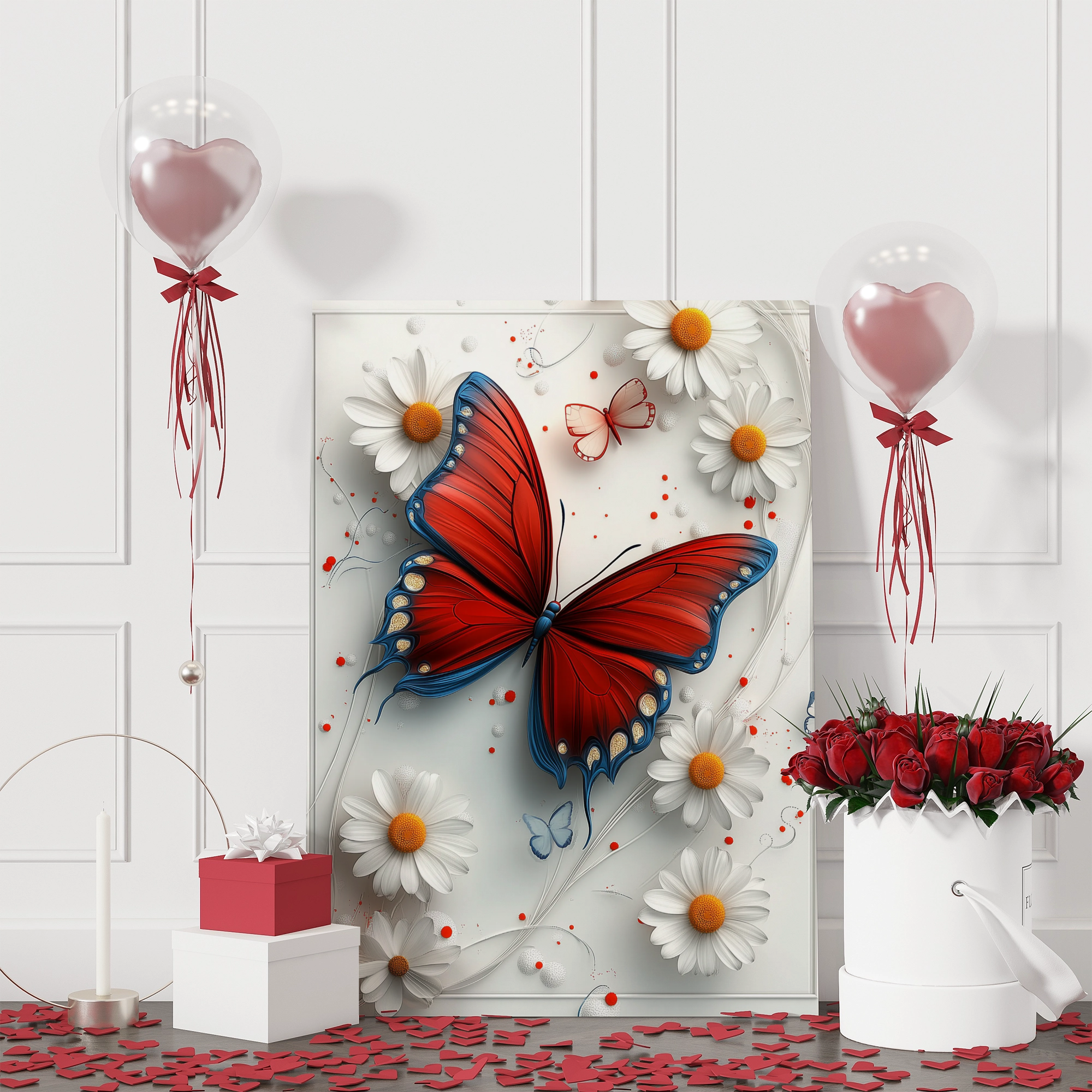 Crimson Butterfly Elegance: Lifelike 3D Floral Art on Pure White Canvas. High Resolution Digital Download 300 DPI