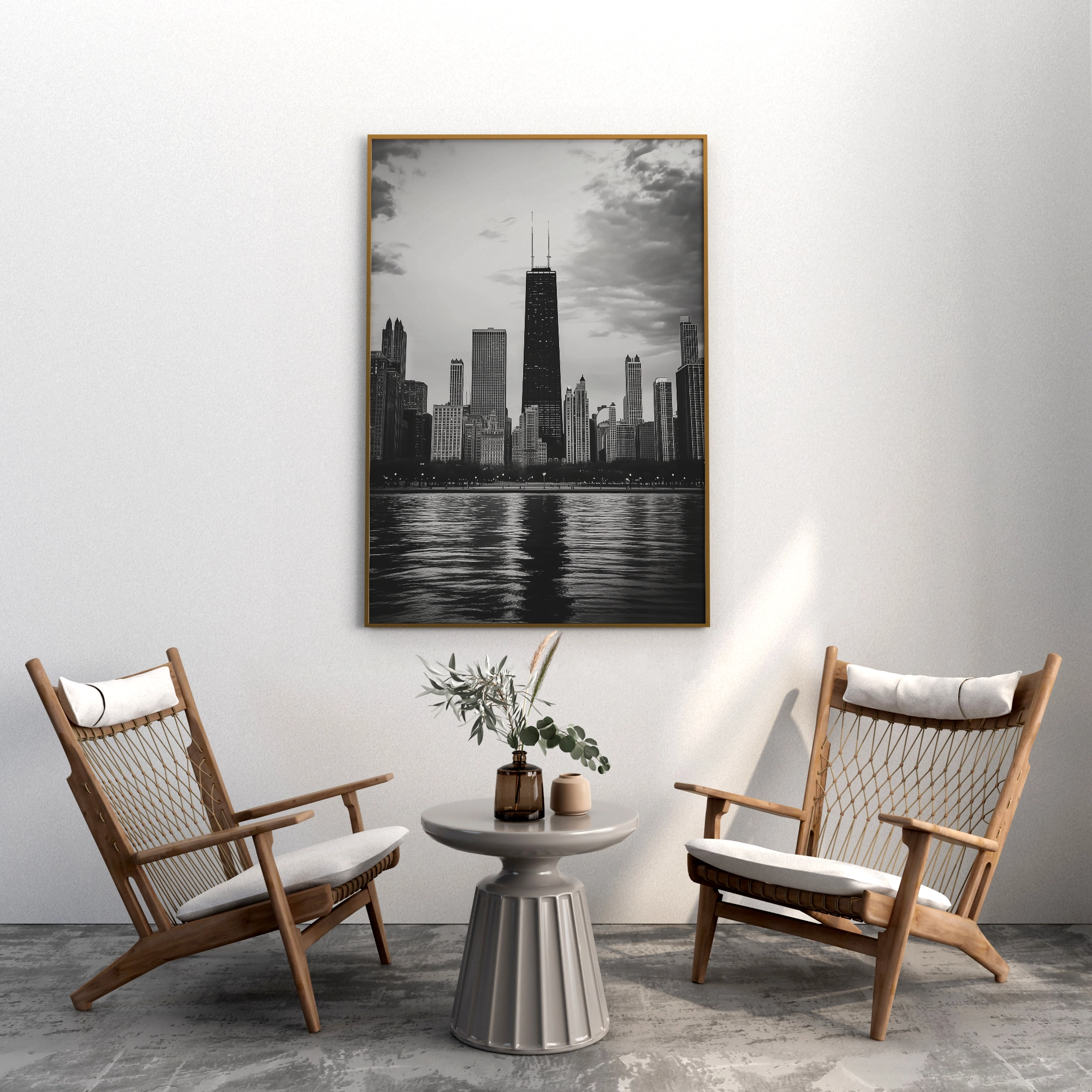 Timeless Chicago Skyline: Elegant Black and White Cityscape Wall Art. High Resolution Digital Download 300 DPI.